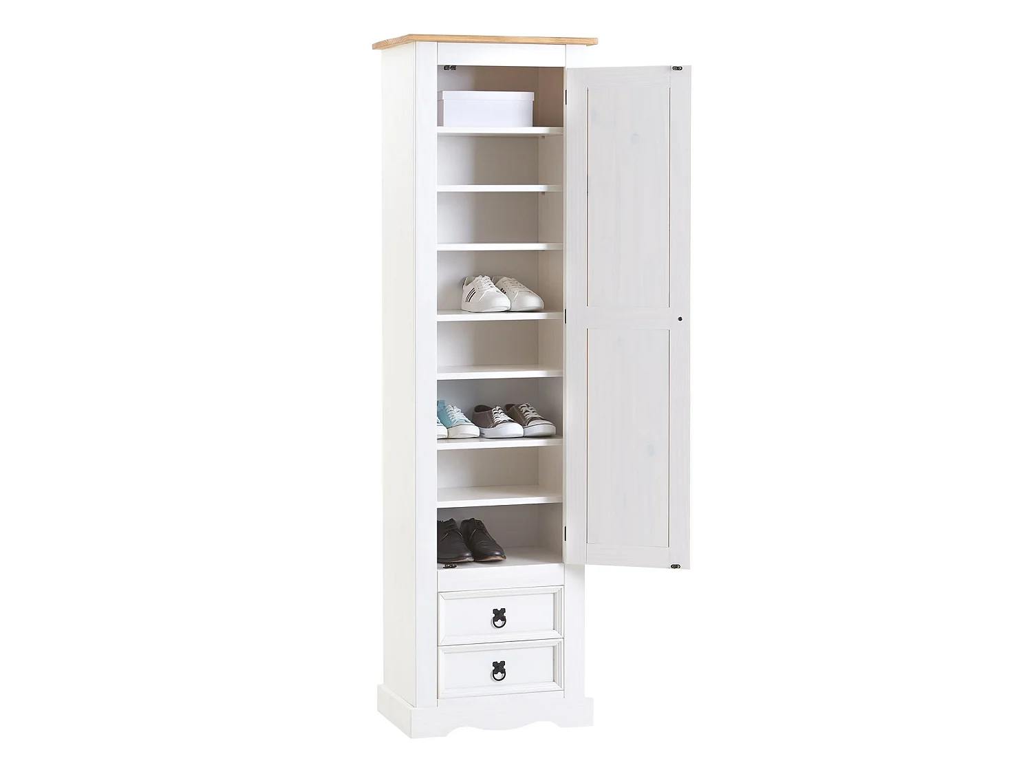 Armoire TEQUILA meuble de rangement avec 7 tablettes derrière 1 porte battante et 2 tiroirs, en pin massif lasuré blanc et brun