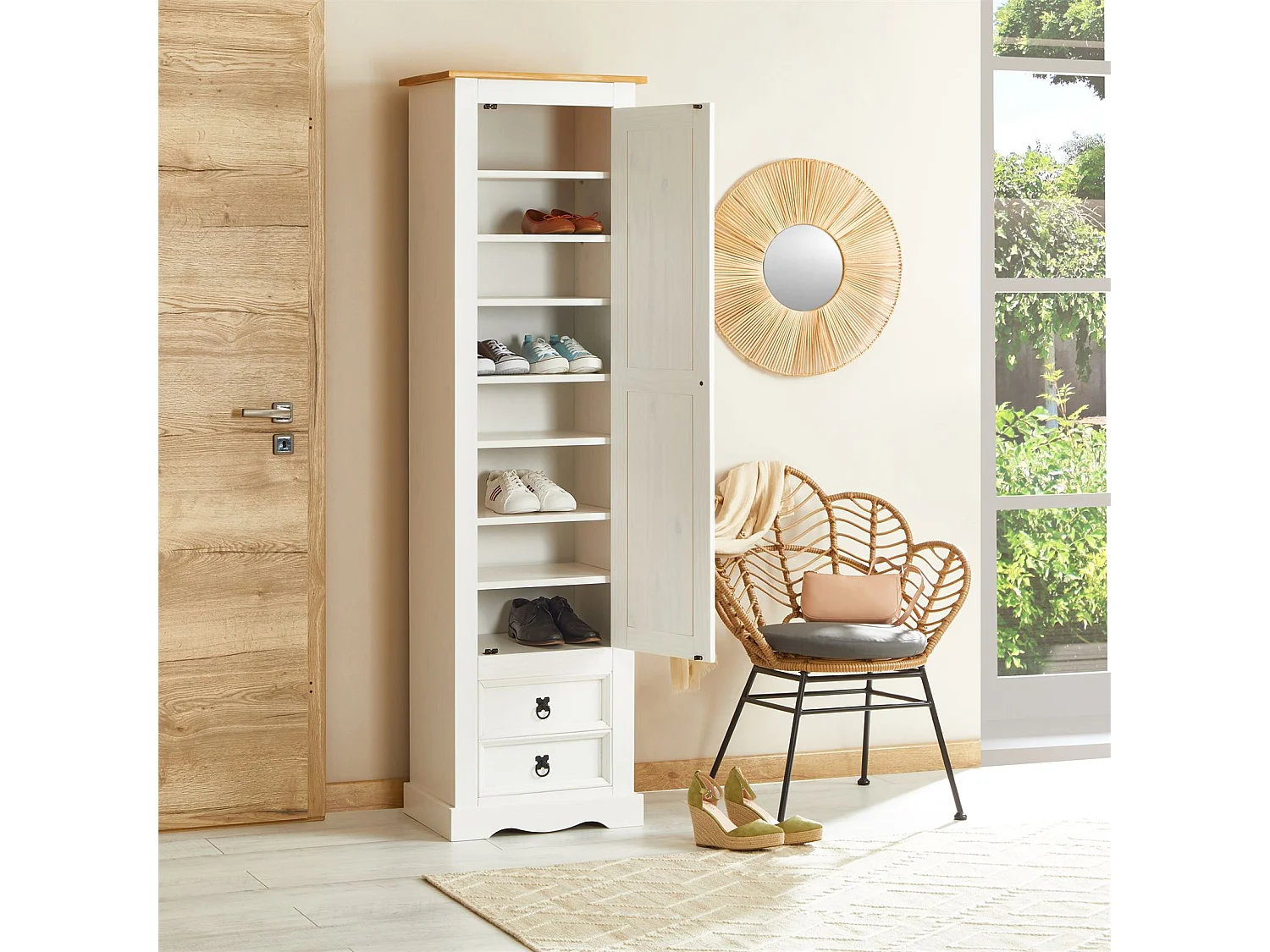 Armoire TEQUILA meuble de rangement avec 7 tablettes derrière 1 porte battante et 2 tiroirs, en pin massif lasuré blanc et brun