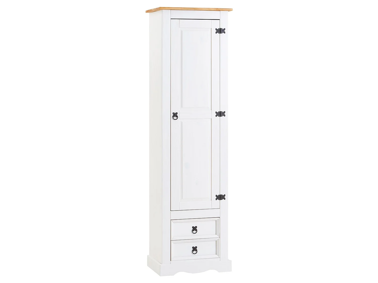 Armoire TEQUILA meuble de rangement avec 7 tablettes derrière 1 porte battante et 2 tiroirs, en pin massif lasuré blanc et brun