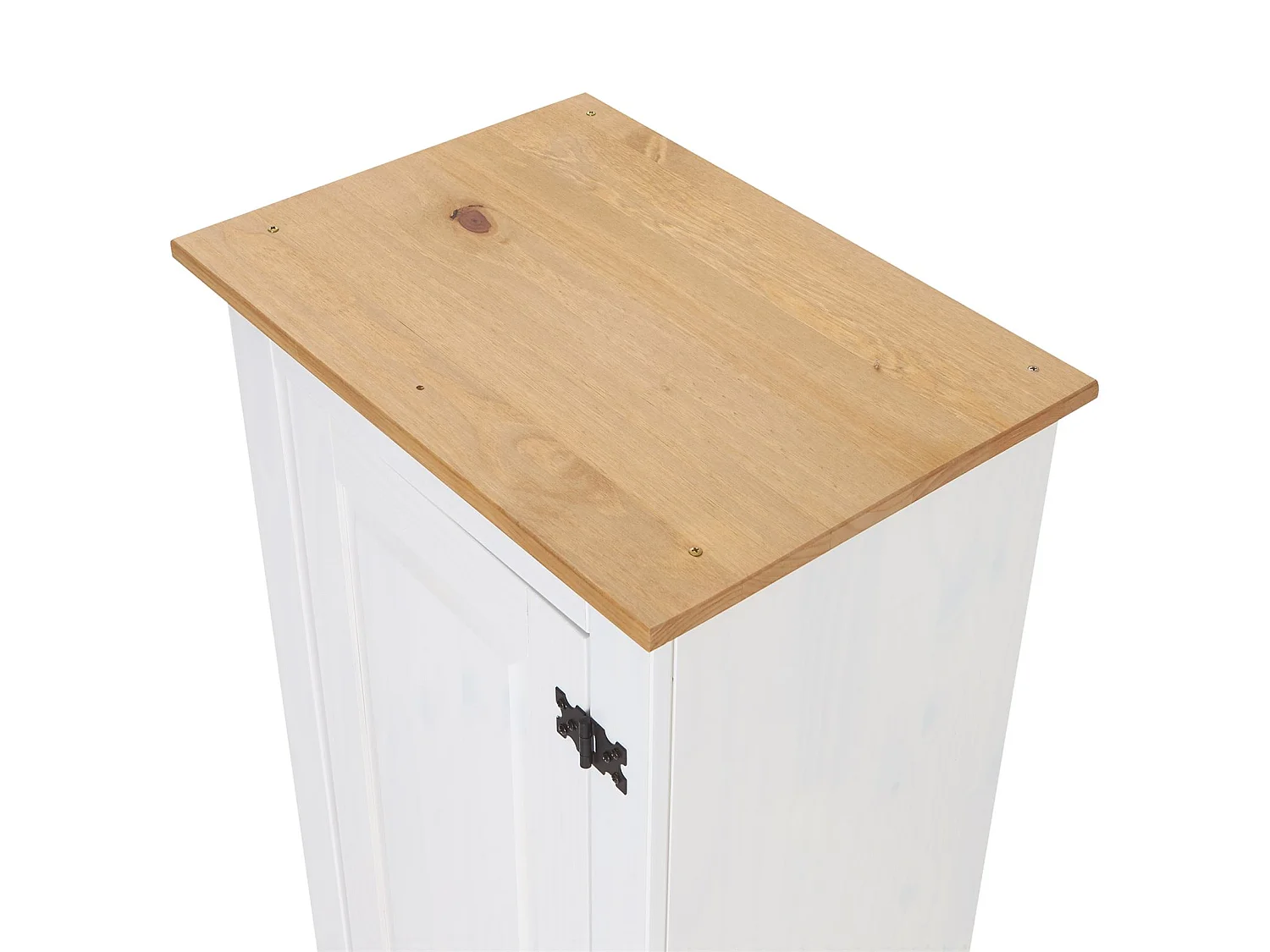 Armoire TEQUILA meuble de rangement avec 7 tablettes derrière 1 porte battante et 2 tiroirs, en pin massif lasuré blanc et brun