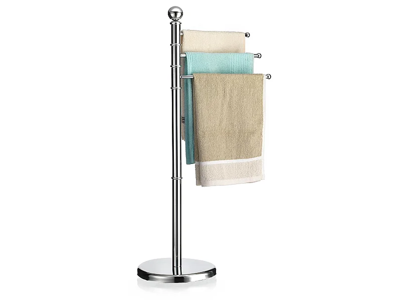 Porte-serviettes sur pied PETRA portant pour vêtements et linge de salle de bain, avec 3 tringles pivotantes, structure en métal chr