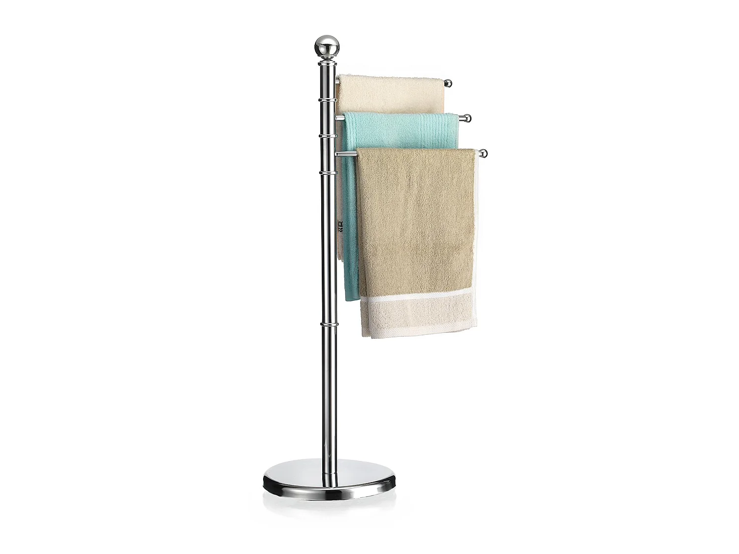 Porte-serviettes sur pied PETRA portant pour vêtements et linge de salle de bain, avec 3 tringles pivotantes, structure en métal chr