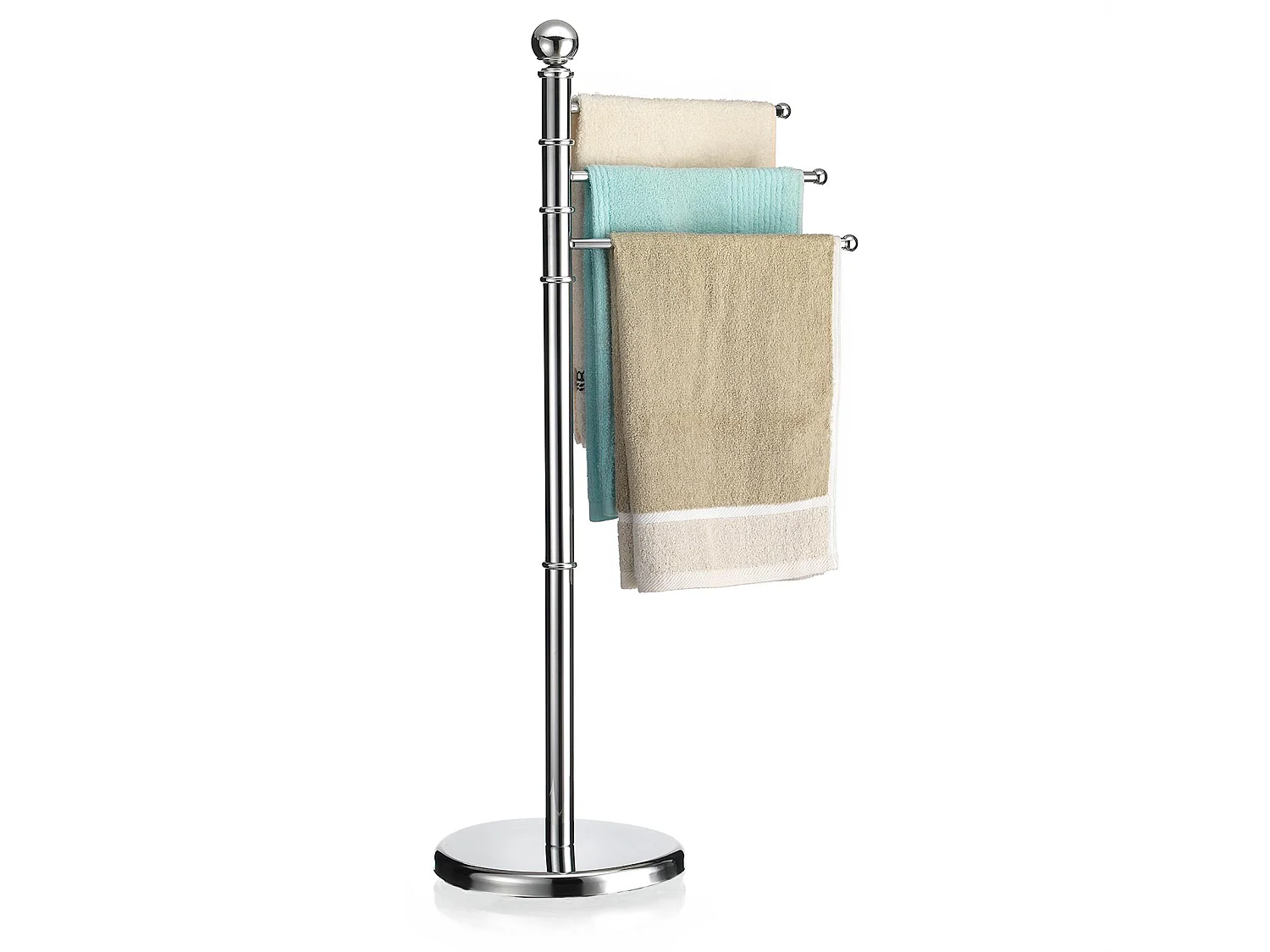 Porte-serviettes sur pied PETRA portant pour vêtements et linge de salle de bain, avec 3 tringles pivotantes, structure en métal chr