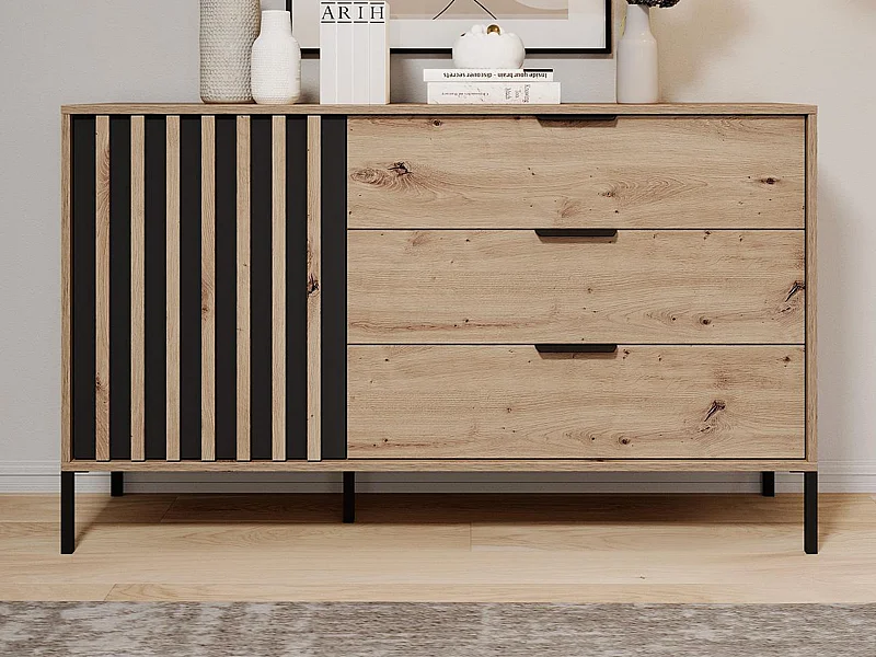 Ladekast met 1 deur en 3 lades - Kleur: naturel en zwart - ARIADA