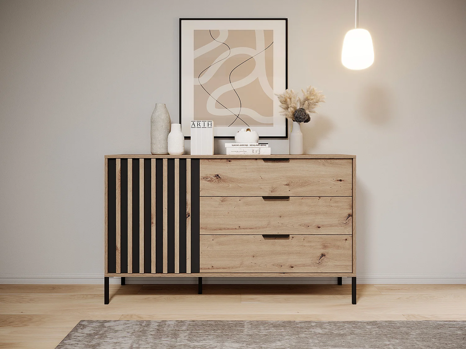 Commode 1 porte et 3 tiroirs - Coloris : Naturel et noir - ARIADA