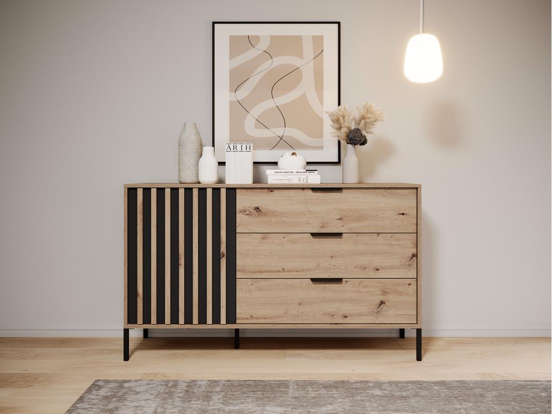 vente unique Commode 1 porte et 3 tiroirs - Coloris : Naturel et noir - ARIADA