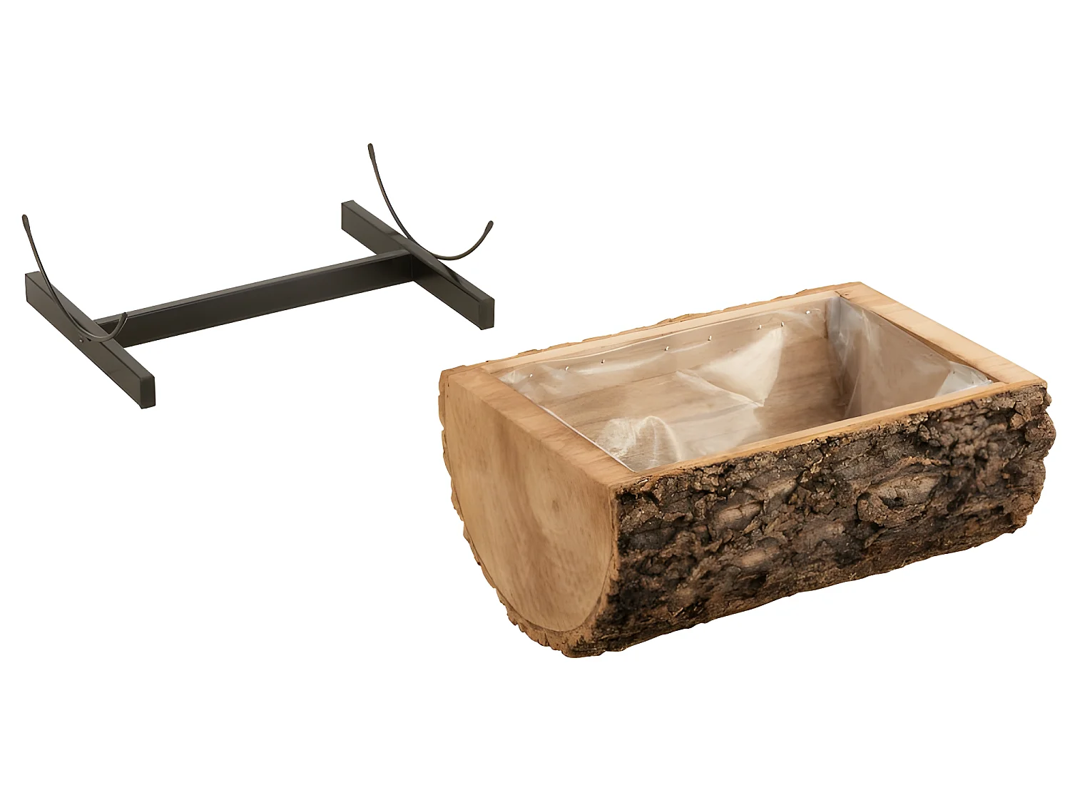 Vaso di fiori a mezzo tronco su base in legno naturale 40x31x18 cm