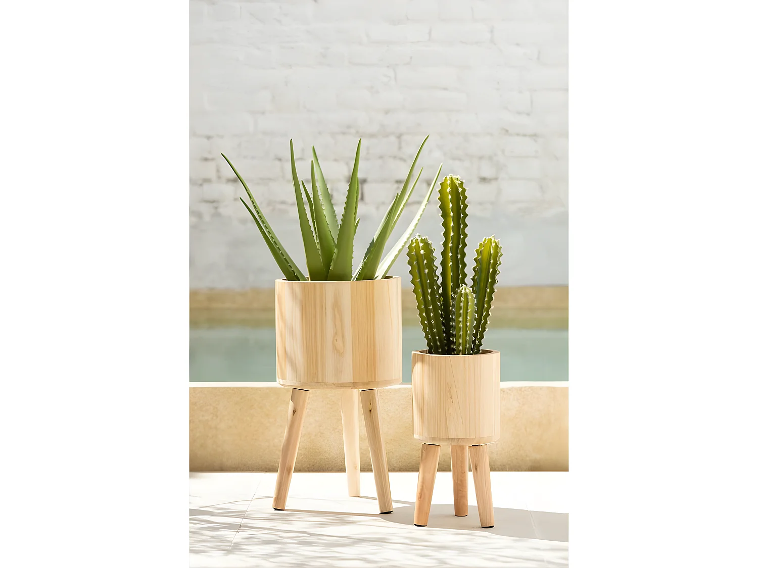 Set de 3 macetas de madera natural 27x27x50 cm