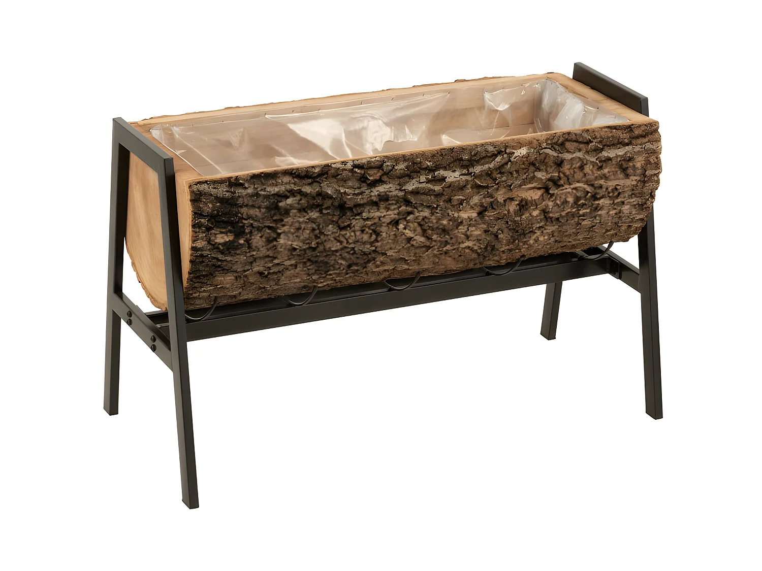 Vaso di fiori a mezzo tronco su base in legno naturale 78x39x40 cm