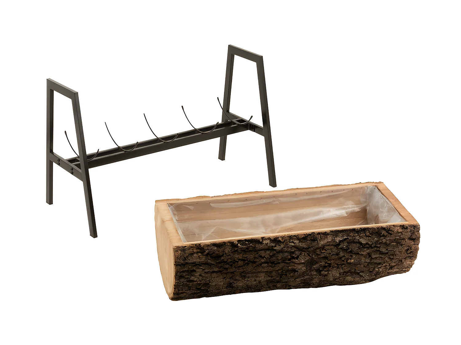 Vaso di fiori a mezzo tronco su base in legno naturale 78x39x40 cm