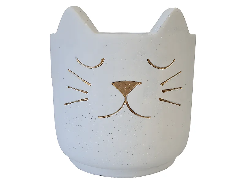 Macetero de cemento blanco con cabeza de gato dorado de 19 cm de altura