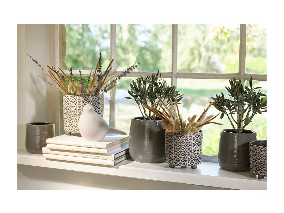Grijze keramische plantenpot 16.5x16.5x16.5 cm