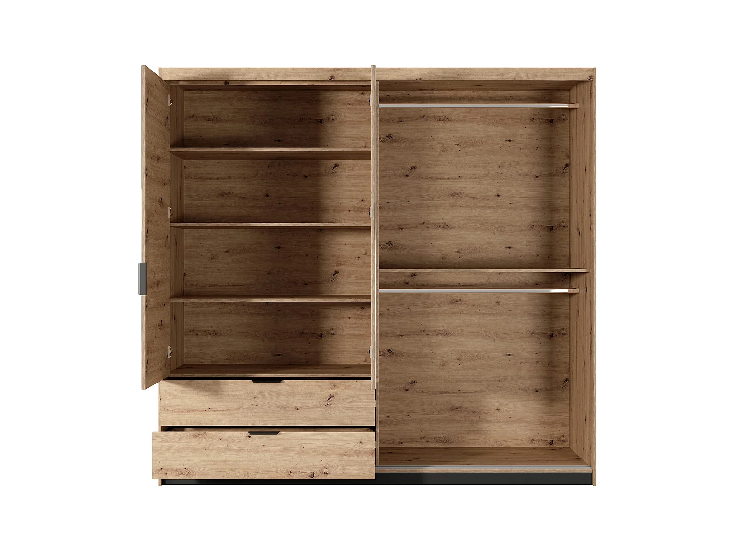 Kleiderschrank - 3 Türen und 2 Schubladen - Spiegel und LED-Beleuchtung - B 220 cm - Holzfarben und Schwarz - ARIADA
