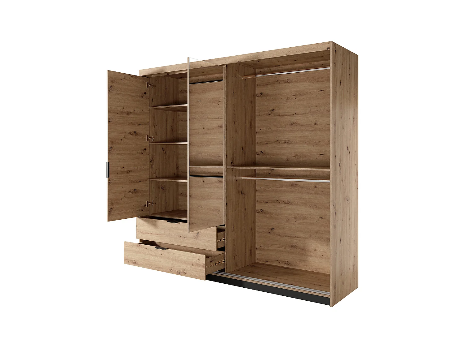 Kleiderschrank - 3 Türen und 2 Schubladen - Spiegel und LED-Beleuchtung - B 220 cm - Holzfarben und Schwarz - ARIADA