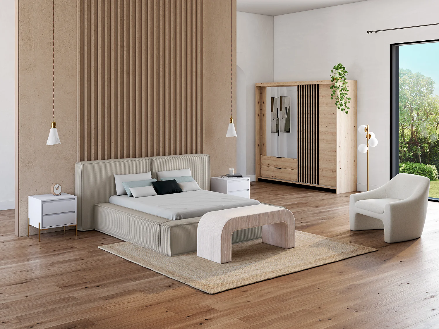 Armoire 3 portes et 2 tiroirs - Miroir et LEDs - L220 cm - Coloris : Naturel et noir - ARIADA