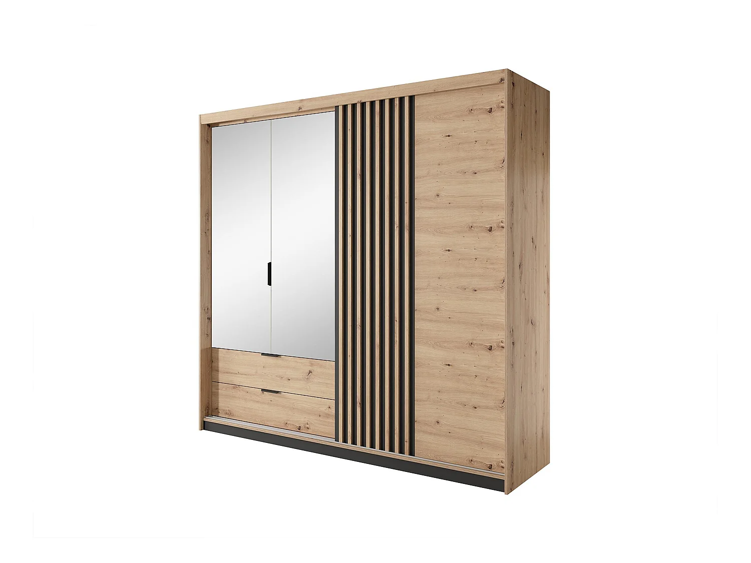 Kleiderschrank - 3 Türen und 2 Schubladen - Spiegel und LED-Beleuchtung - B 220 cm - Holzfarben und Schwarz - ARIADA