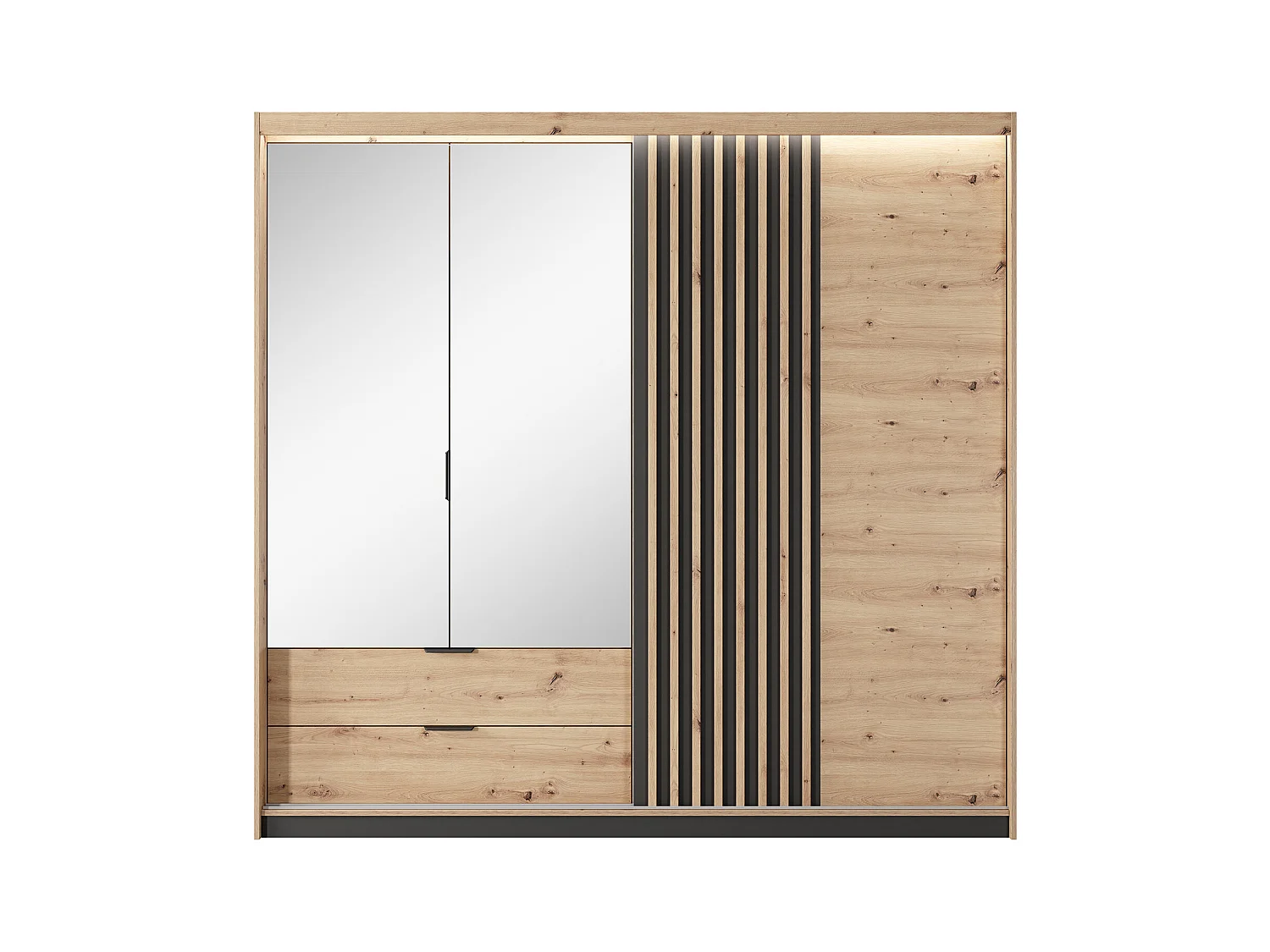 Kast met 3 deuren en 2 lades - Spiegel en ledverlichting - L220 cm - Kleur: naturel en zwart - ARIADA