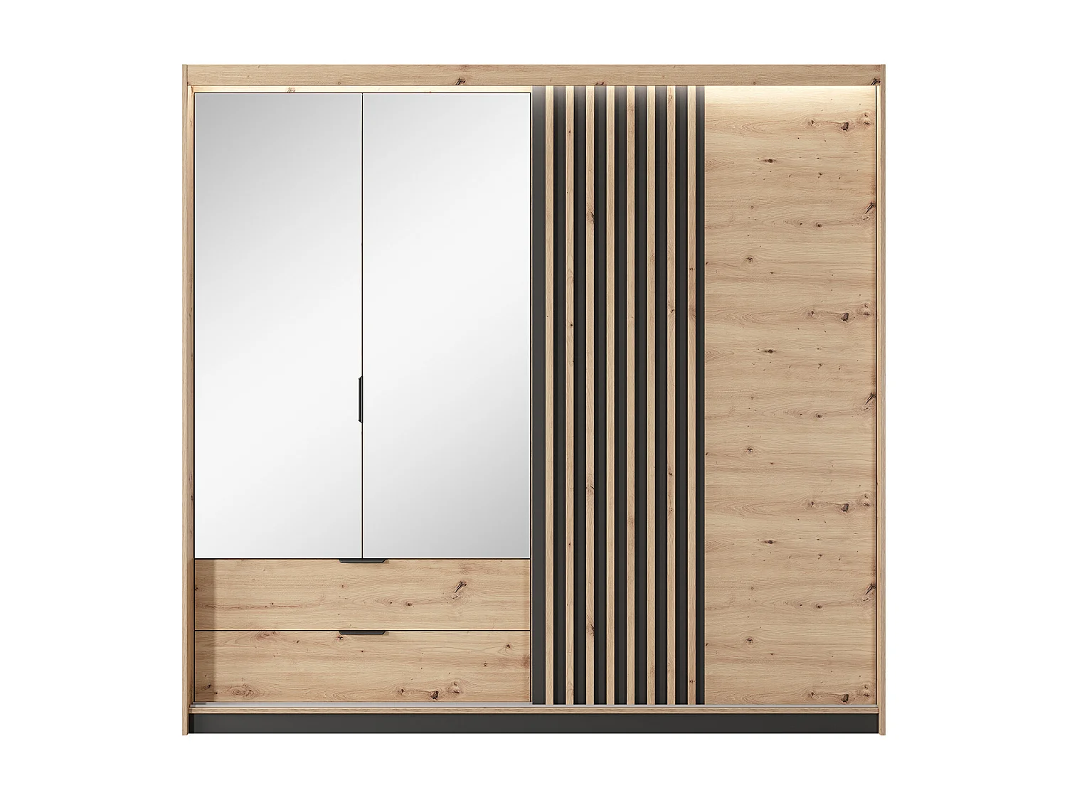 Kleiderschrank - 3 Türen und 2 Schubladen - Spiegel und LED-Beleuchtung - B 220 cm - Holzfarben und Schwarz - ARIADA