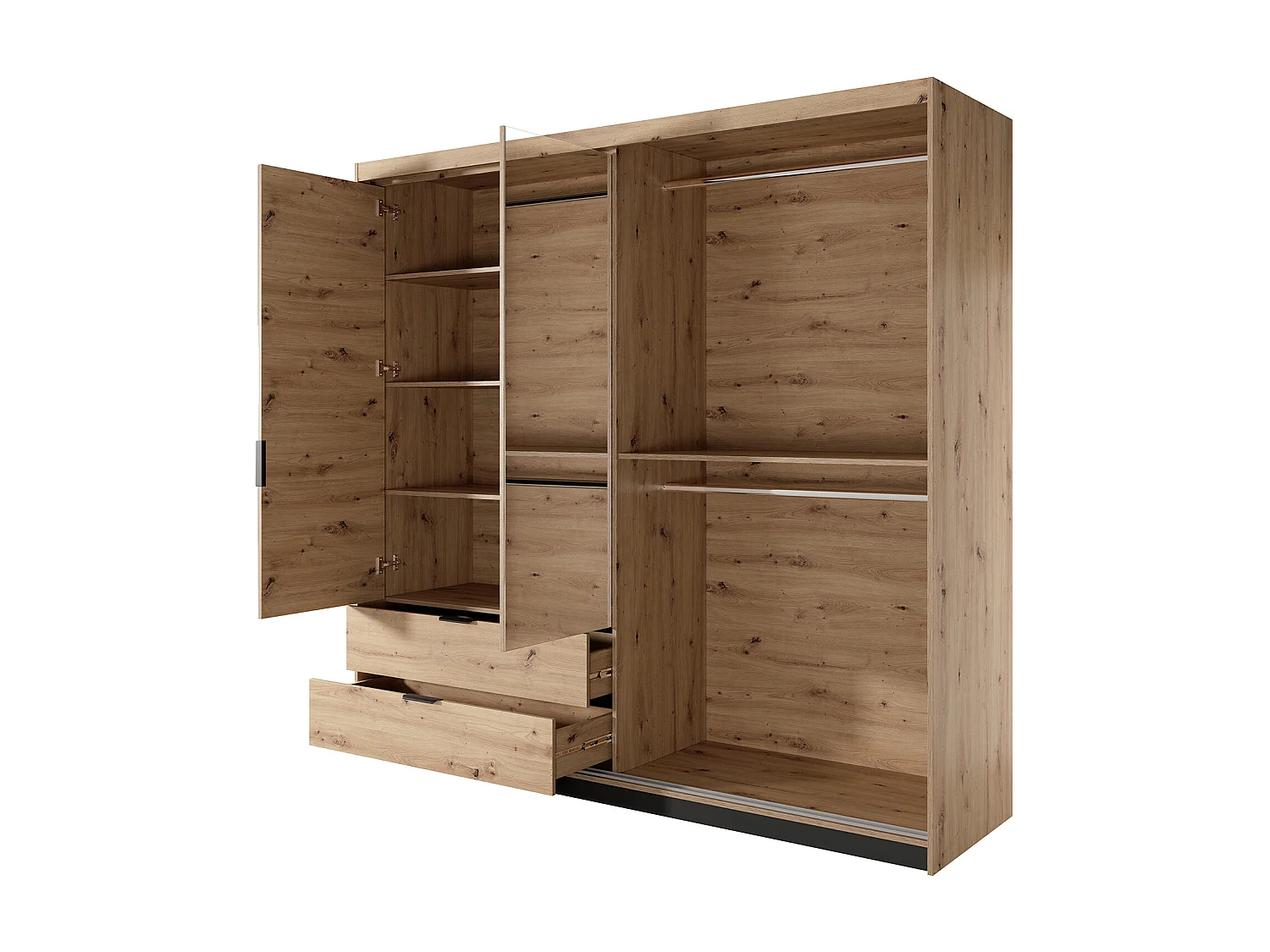Kleiderschrank - 3 Türen und 2 Schubladen - Spiegel und LED-Beleuchtung - B 220 cm - Holzfarben und Schwarz - ARIADA