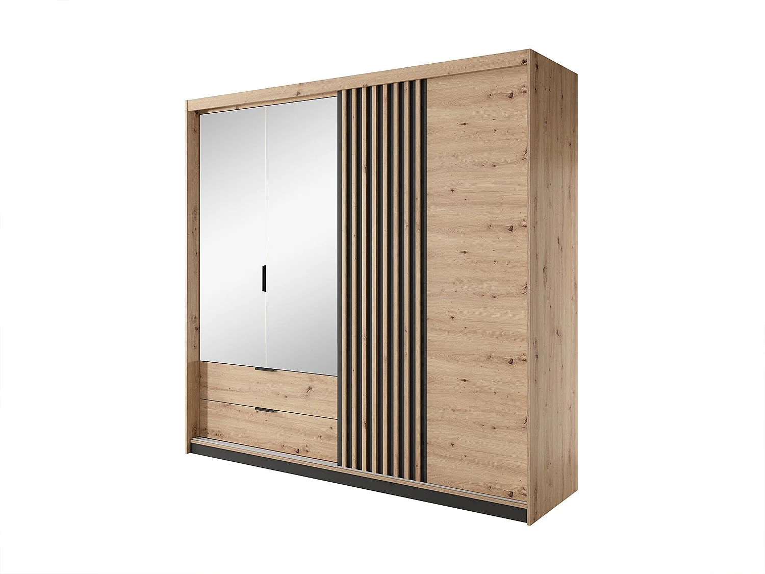 Kleiderschrank - 3 Türen und 2 Schubladen - Spiegel und LED-Beleuchtung - B 220 cm - Holzfarben und Schwarz - ARIADA