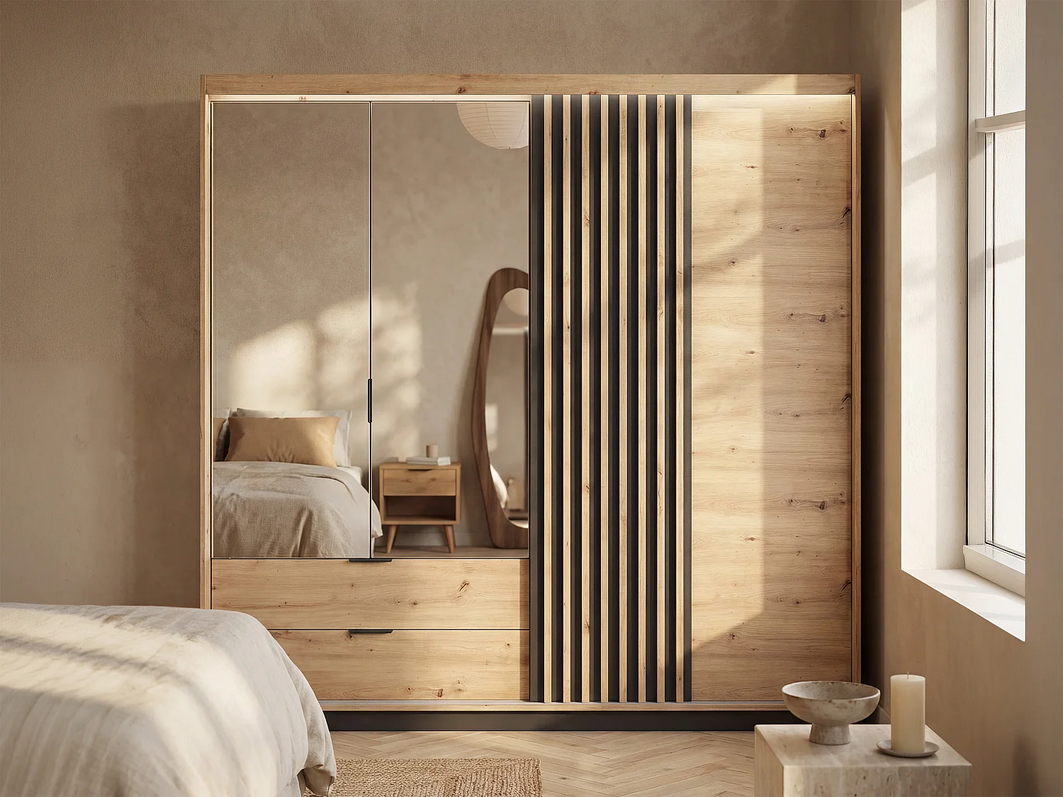 Armoire 3 portes et 2 tiroirs - Miroir et LEDs - L220 cm - Coloris : Naturel et noir - ARIADA