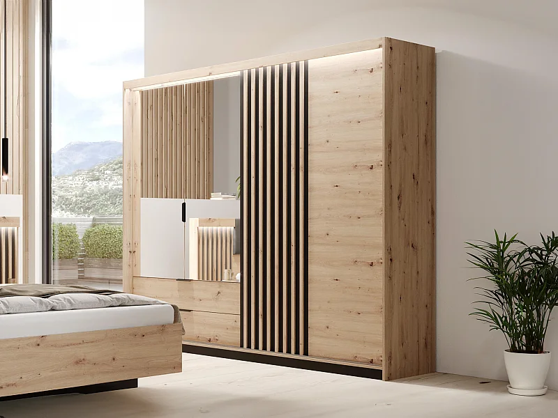 Armoire 3 portes et 2 tiroirs - Miroir et LEDs - L220 cm - Coloris : Naturel et noir - ARIADA