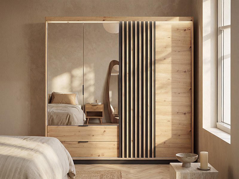 3-door wardrobe with 2 drawers, mirrors, and LEDs L220 cm natural and ...