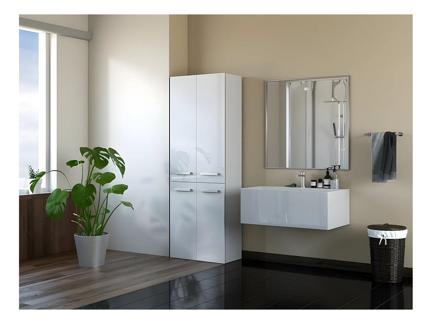 RORY | Mueble de baño con cesta | Tiradores minimalistas | Dimensiones: 174x60x30 | columna de almacenamiento