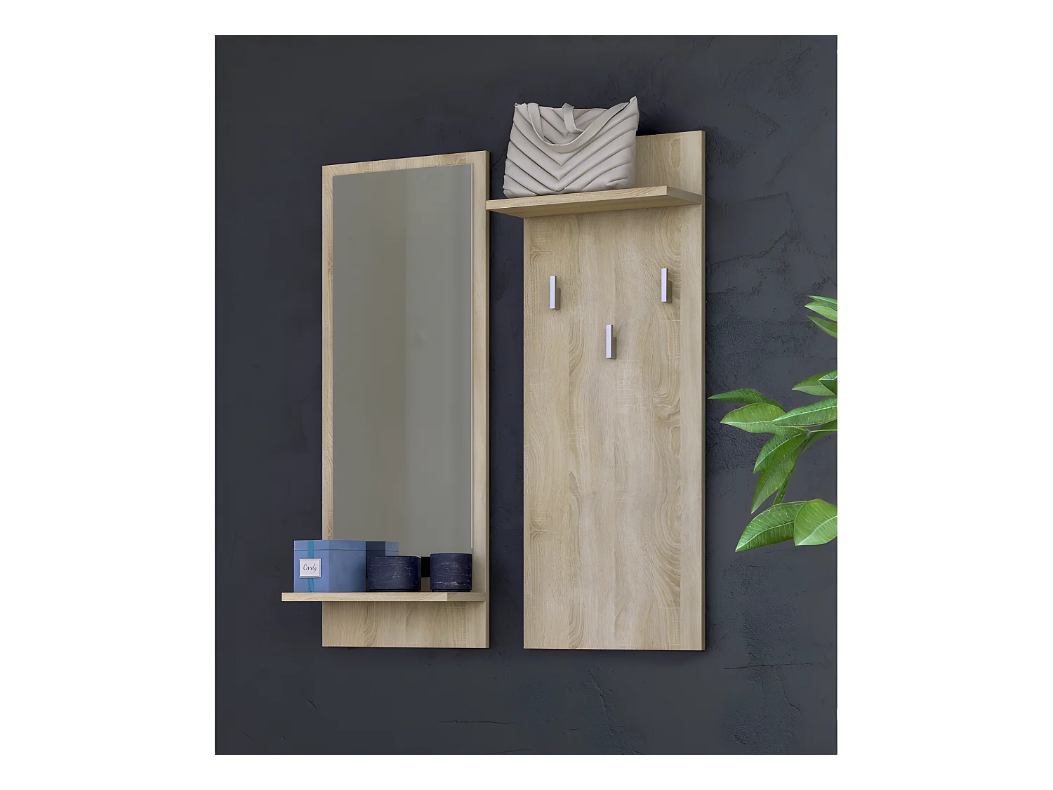 KAMERON | Porte-manteau d'entrée hall | 3 grands crochets à vêtements | Dimensions : 90x35x16 | Étagères pratiques | Miroir