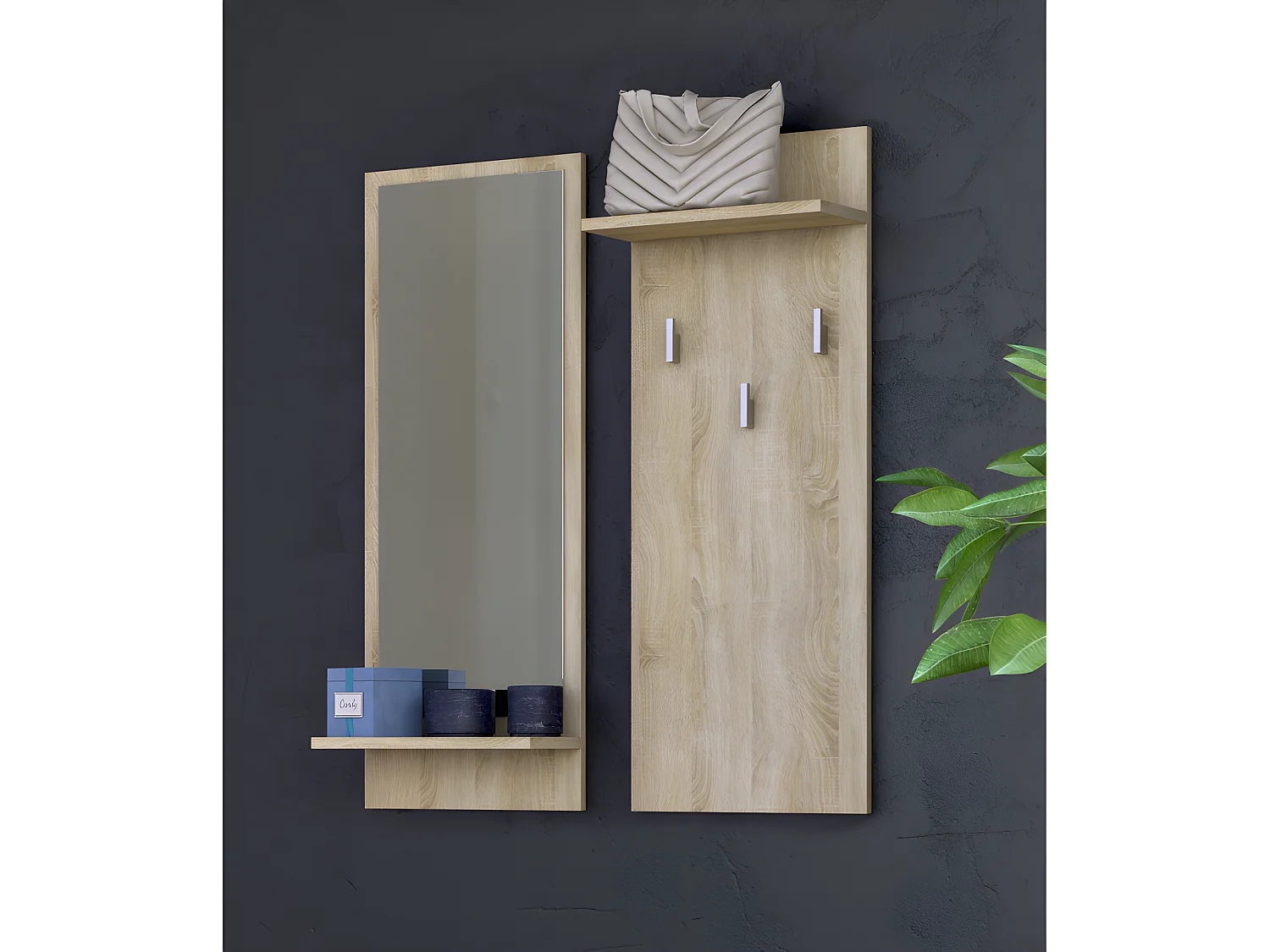 CAMERUN | Appendiabiti da corridoio | 3 grandi ganci appendiabiti | Dimensioni: 90x35x16 | Mensole pratiche | Specchio