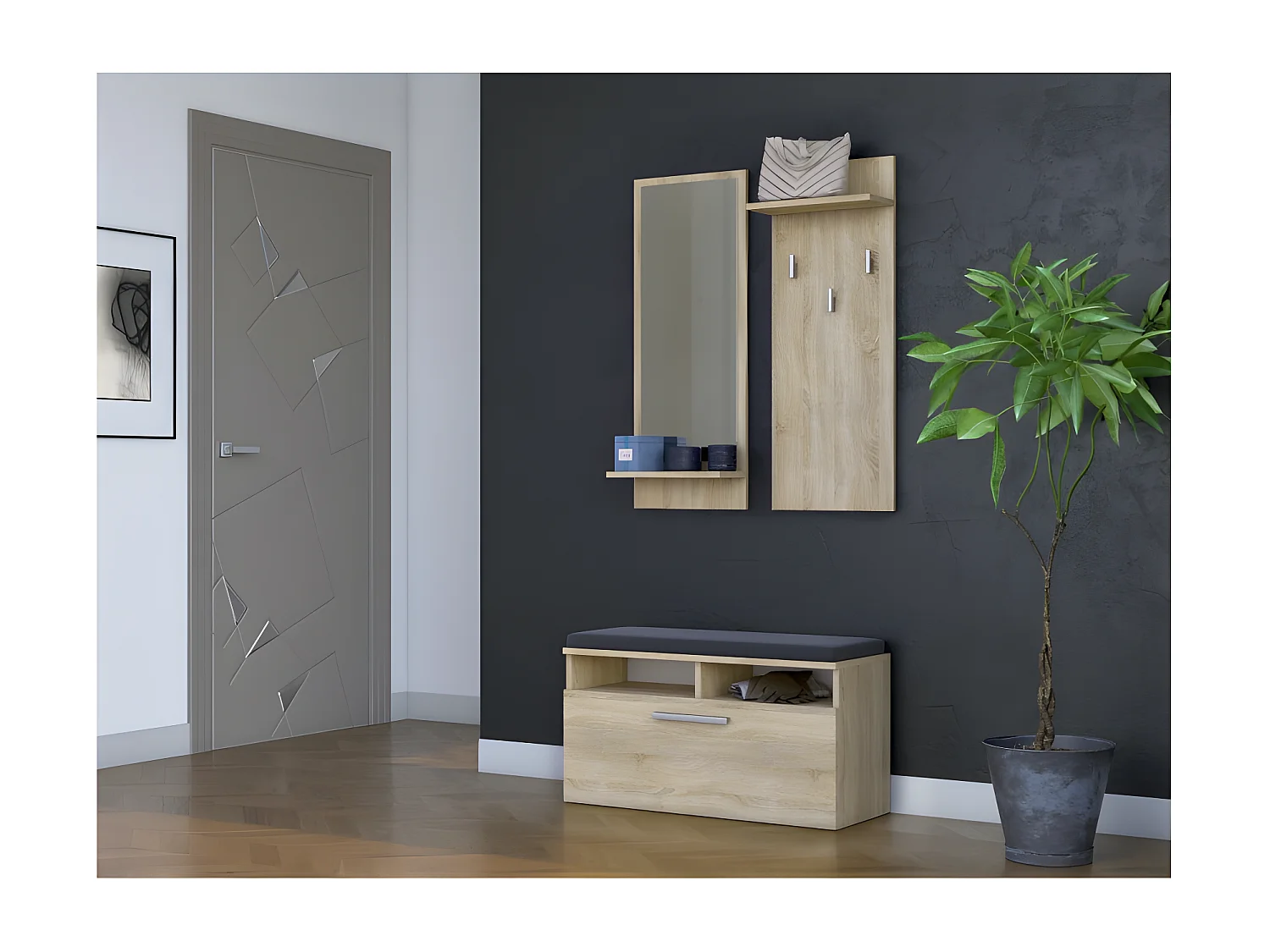 ANDERS | Moderne Flurmöbel mit Kissen 85x46x35 cm | Schuhaufbewahrungsbank 3 Haken Spiegel | Garderobe