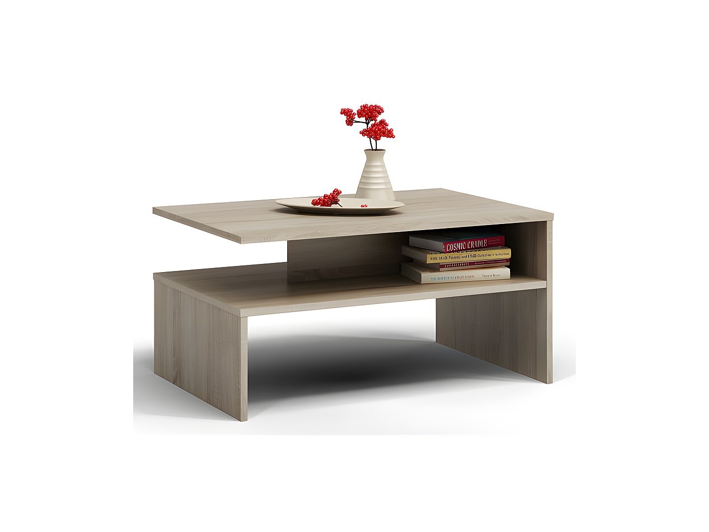 NEFRI Rovere Wotan/Bianco Opaco - MODERNO TAVOLINO DA SOGGIORNO SALOTTO CON RIPIANO E SCAFFALE