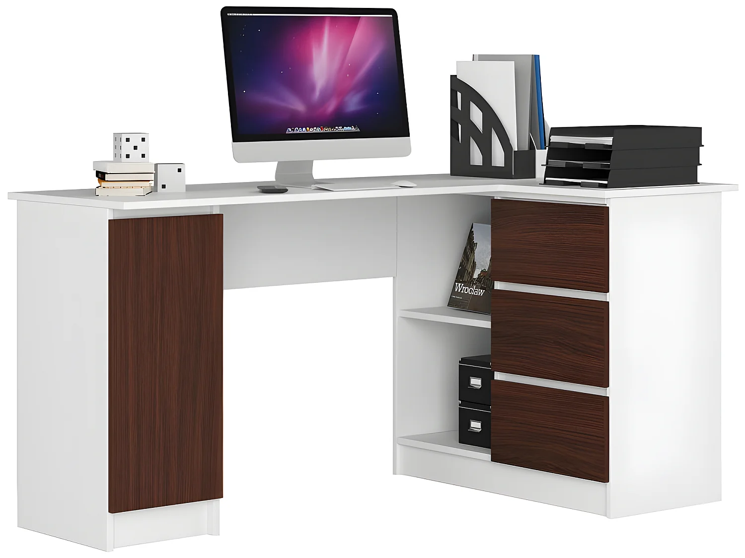 BALAUR - Bureau d'angle style moderne - 155x77x85 - 1 porte+3 tiroirs