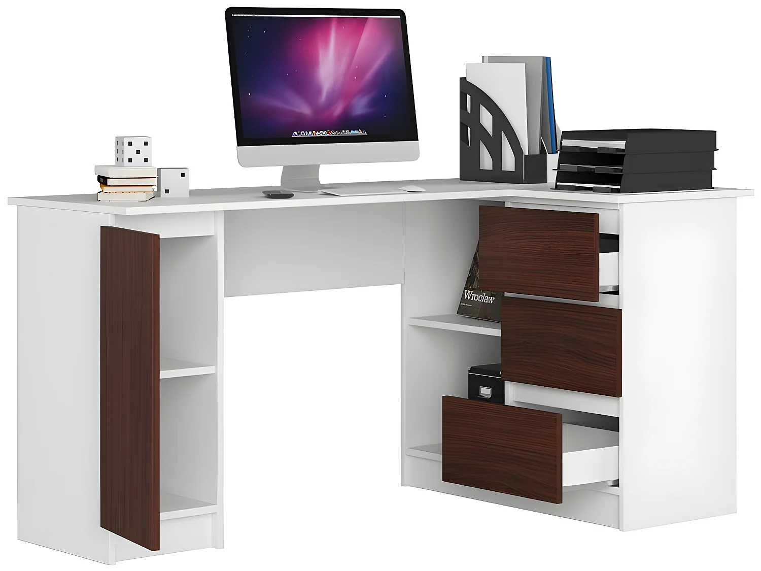 BALAUR - Bureau d'angle style moderne - 155x77x85 - 1 porte+3 tiroirs