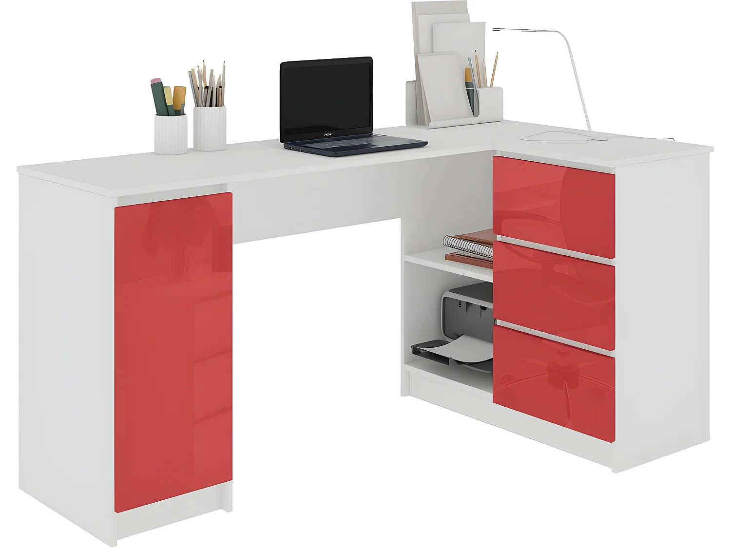 BALAUR | Bureau informatique d'angle contemporain 155x85x77 cm | 3 tiroirs gloss | Table ordinateur multi-rangements
