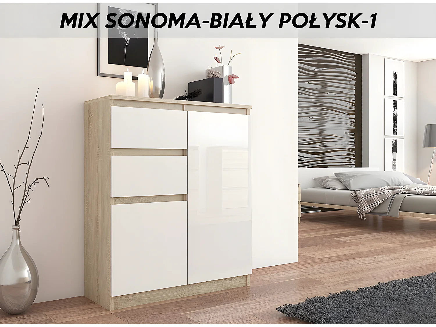 LISBON S3 | Commode contemporaine chambre/salon/bureau | 98x80x40cm | Rangement 2 tiroirs/2 portes | Buffet style moderne