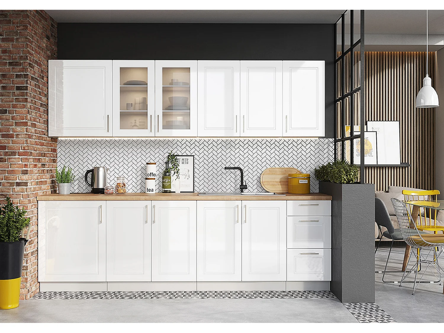 JAZZI | Cuisine Complète Modulaire + Linéaire L 260cm 8 pcs | Ensemble Armoires Meubles cuisine | Finition Laquée | Poignées métal