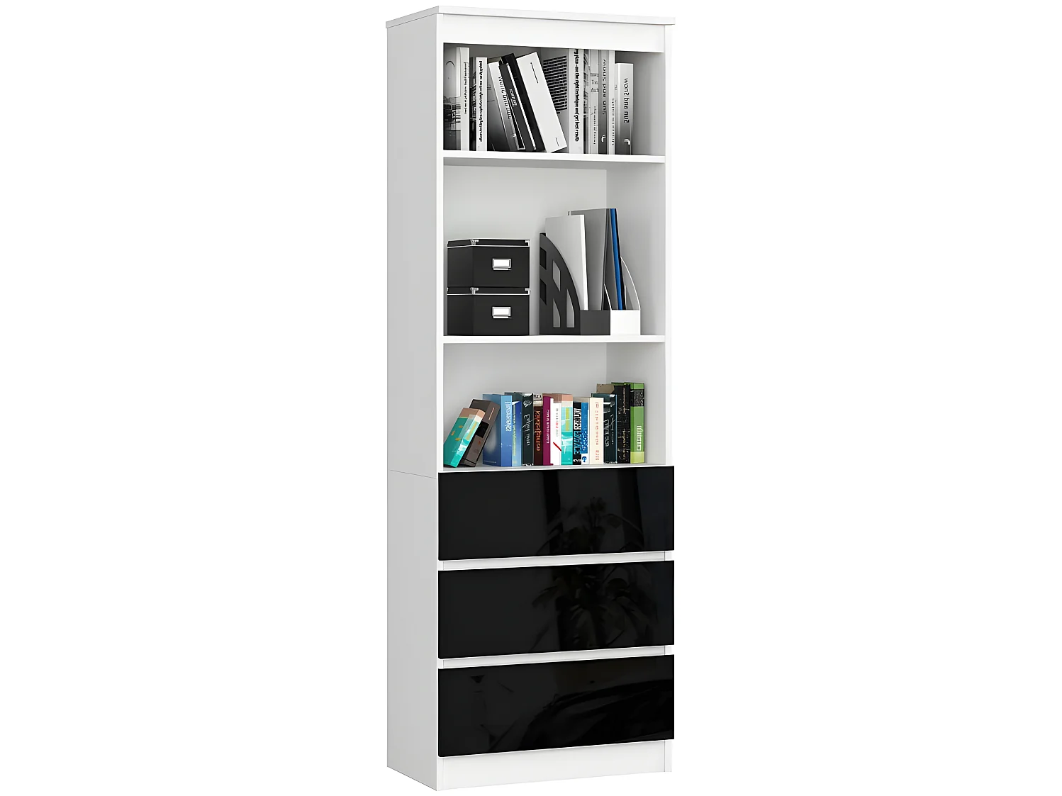 CARLO - Grande bibliothèque moderne - 2 étagères + 3 tiroirs - 180x60x35cm - Rangement livres/déco