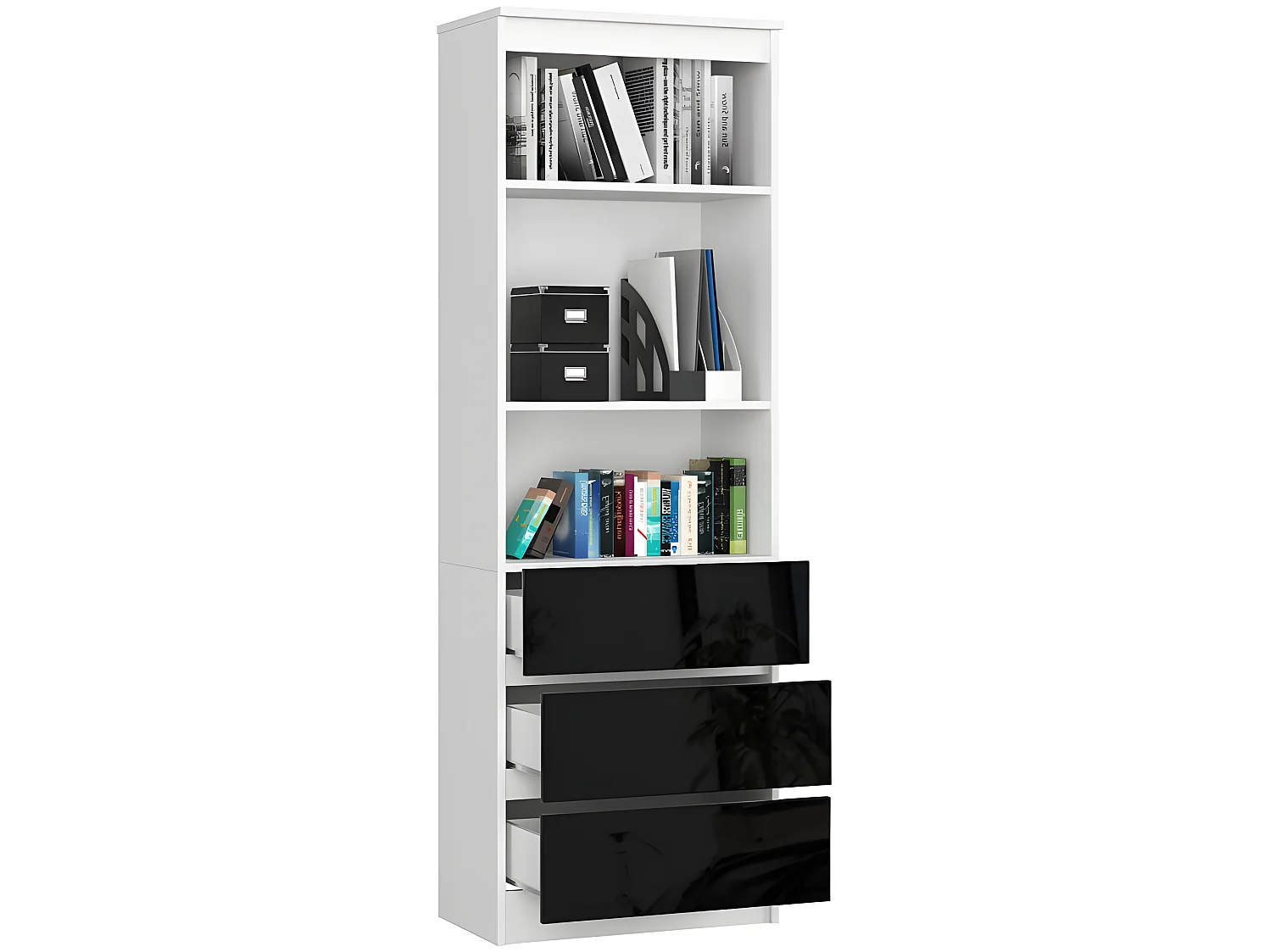 CARLO - Grande bibliothèque moderne - 2 étagères + 3 tiroirs - 180x60x35cm - Rangement livres/déco