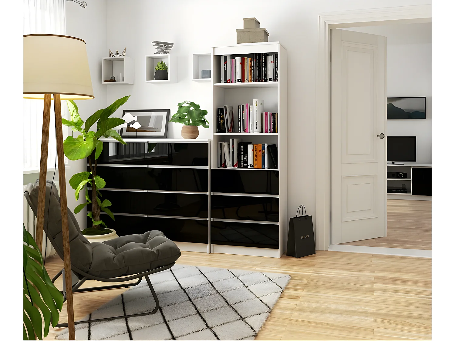 CARLO - Grande bibliothèque moderne - 2 étagères + 3 tiroirs - 180x60x35cm - Rangement livres/déco