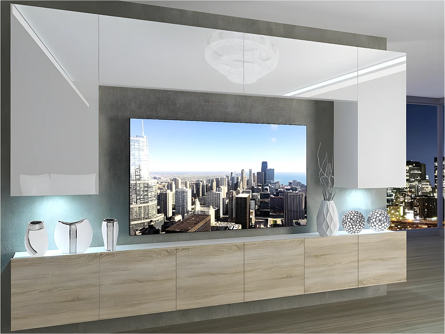 SILLEA | Mueble TV + LED | Unidad de pared de estilo moderno | Ancho 300 cm | Pared de TV para colgar
