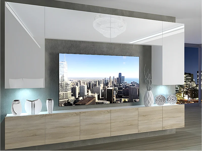SILLEA | Mueble TV + LED | Unidad de pared de estilo moderno | Ancho 300 cm | Pared de TV para colgar