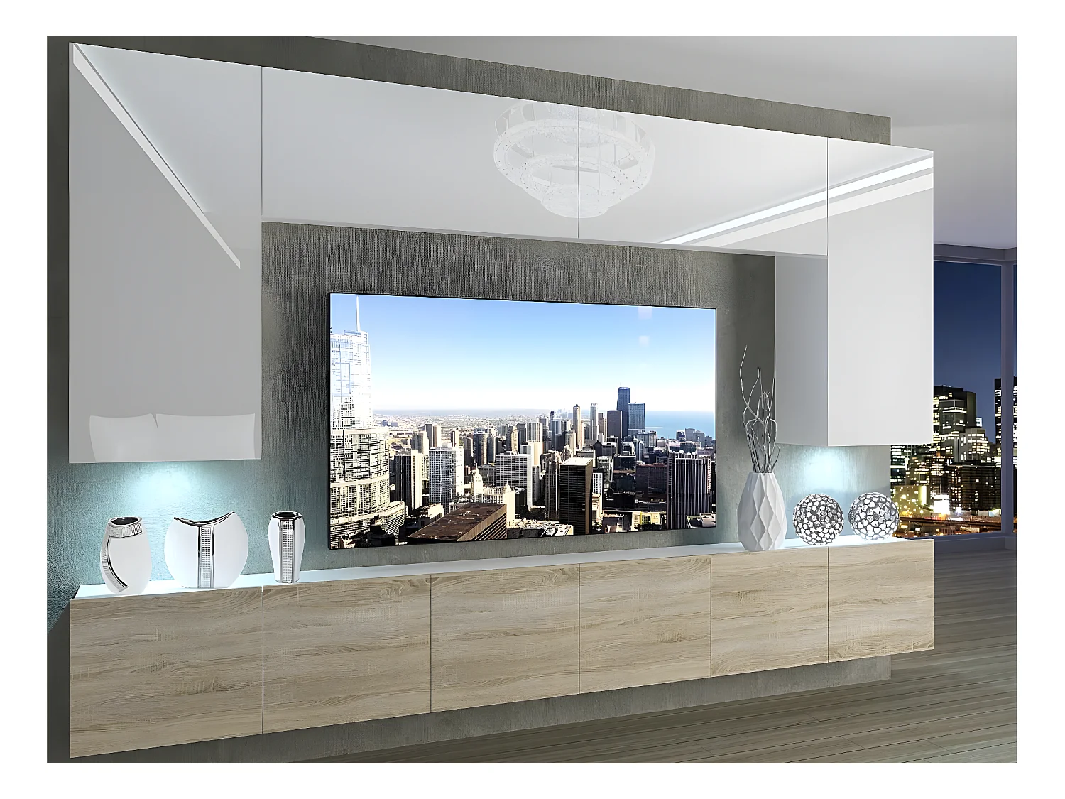 SILLEA | Mobile TV | Pensile in stile moderno | Larghezza 300 cm | Parete TV da appendere con finitura lucida