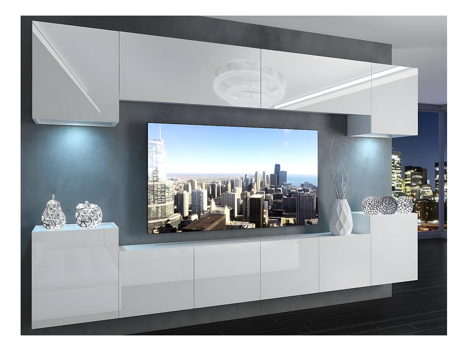 AREN - Ensemble meubles TV - Unité murale largeur 300 cm - Mur TV à suspendre finition gloss - Sans LED