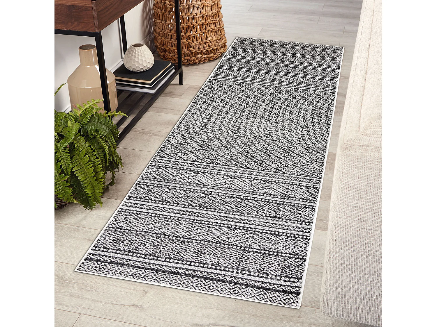 Sisal tapijt, Loper SION azteeks 22168 plat te weven zwart / ecru 70x250 cm