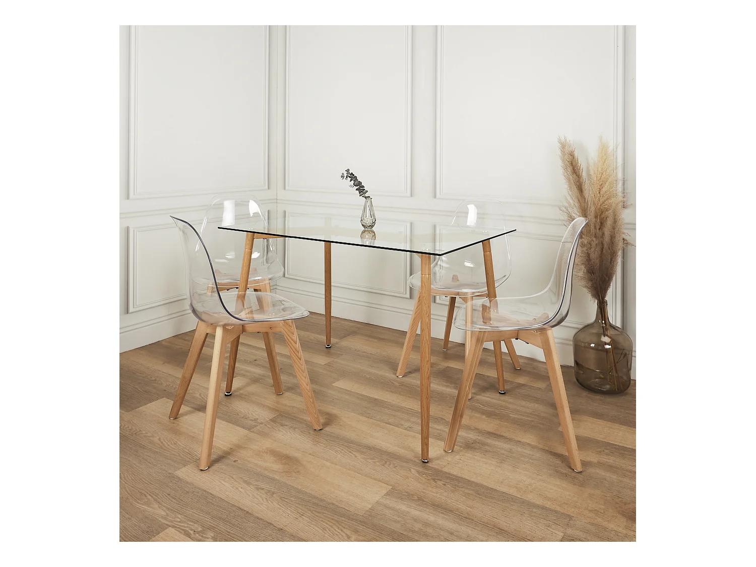 Table En Verre Pieds Metal Effet Bois 75x115cm Transparent, Marron