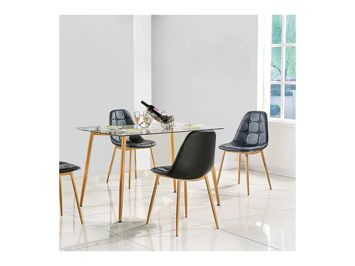 Table En Verre Pieds Metal Effet Bois 75x115cm Transparent, Marron