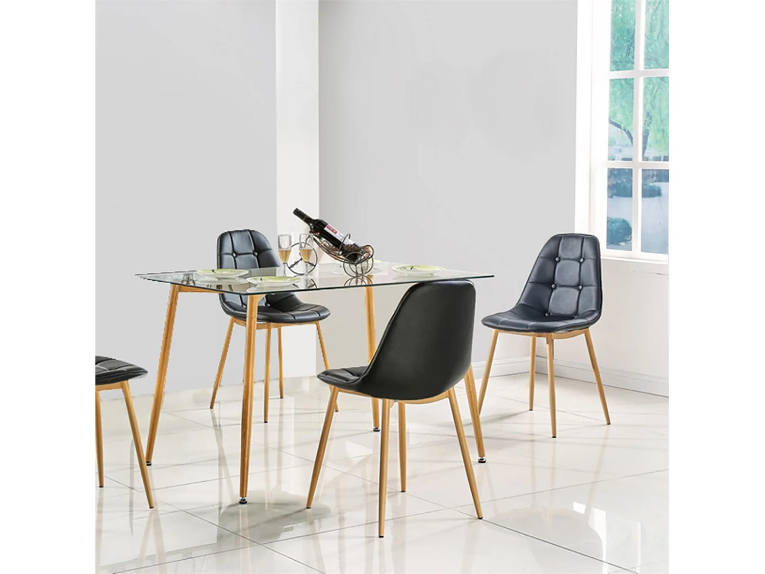 Table En Verre Pieds Metal Effet Bois 75x115cm Transparent, Marron