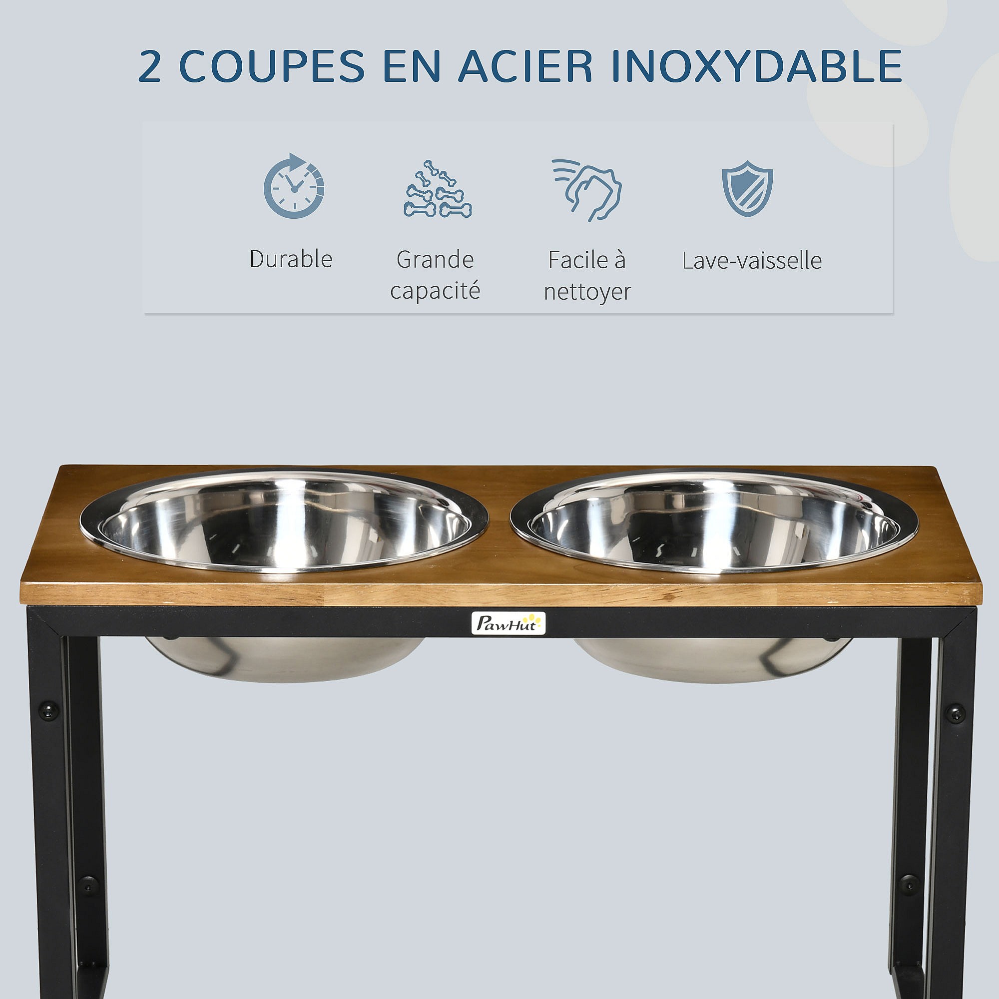 Gamelle Surélevée Pour Chien Et Chat – Support En Bois Massif Et Acier Inoxydable – Hauteur Réglable 6 Niveaux – Plateau Incliné 15° - 7