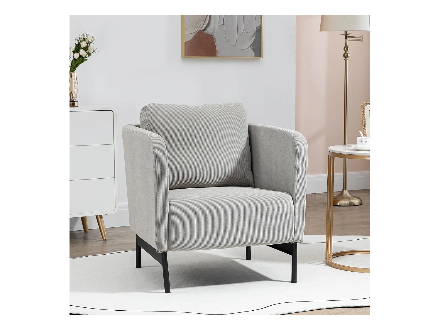 Fauteuil lounge style néo-rétro piètement acier noir revêtement velours cotelé gris clair